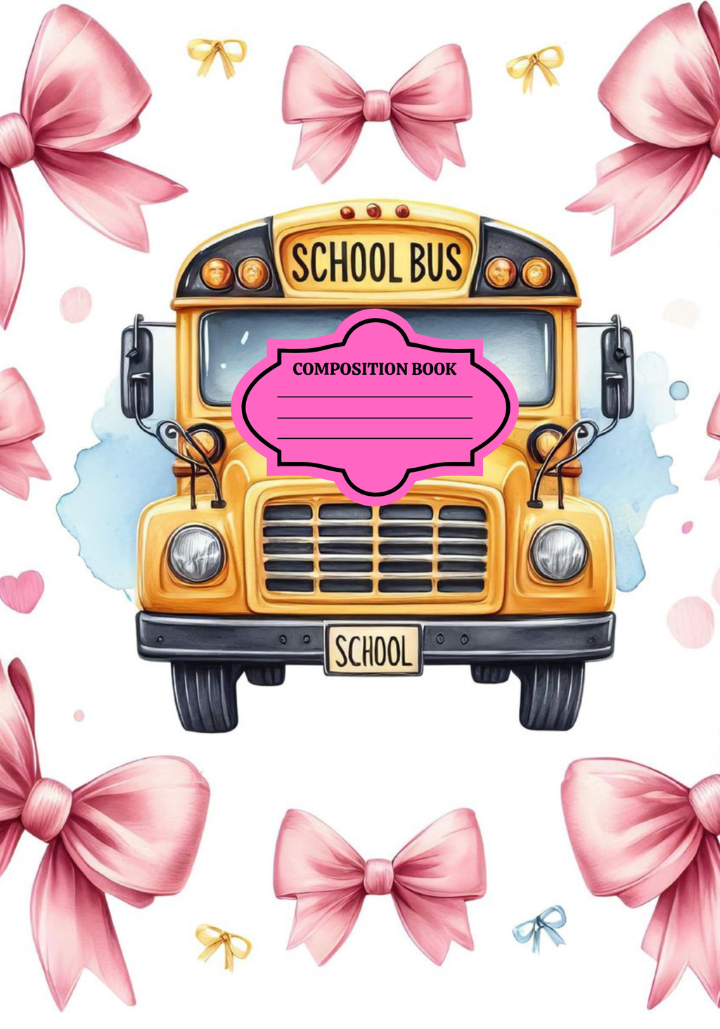 Composition Notebook Cover | School Bus Pink Bow Composition Notebook – Cute School Supplies (Notebook Included) | Cute School Supplies